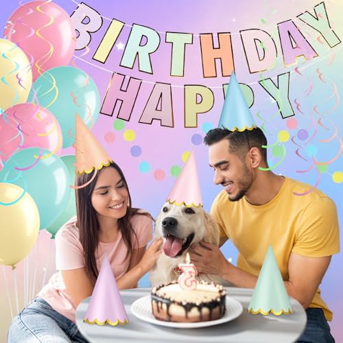 Pastel Party Hats Set for Birthdays & Celebrations - 67 Pcs with Banners Balloons & Flags