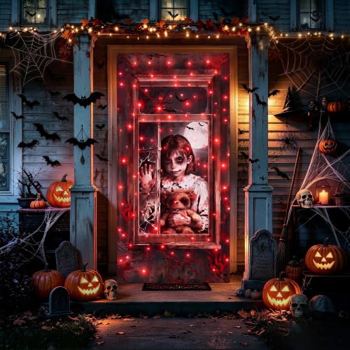 Halloween Door Cover Lights - Red 37.8x81.9 Inch with 8 Modes & Timer