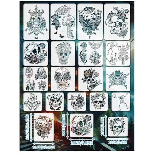 Halloween Skull Stencils Set - Large Reusable Wall Art & Craft Templates - Rose Skull Variation