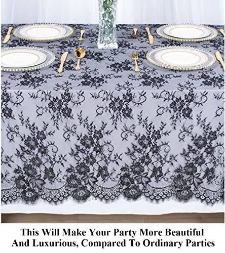 Pardecor Black Embroidered Lace Rectangular Tablecloth 60x120 Inch - Elegant Wedding and Party Decor Variation 001