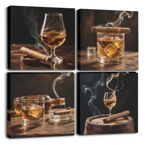 Whiskey & Cigar Wall Art Canvas Set - Framed Modern Bar Decor - Variation of Whiskey Cigar
