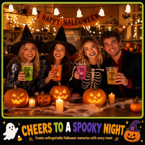 Halloween Plastic Cups 100 Pack - Spooky Theme Sayings & Designs, 12 oz, Party Supplies