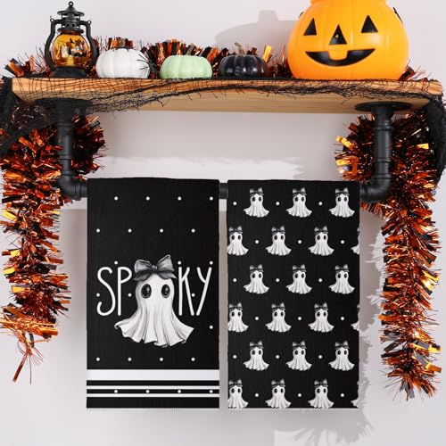 Halloween Kitchen Towels Set of 2 18x26 Inches Spooky Black Ghost Decor