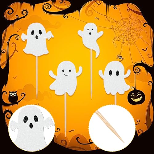 Halloween Ghost Cupcake Toppers White Glitter Baby Ghost Pattern 11 - 24 pcs