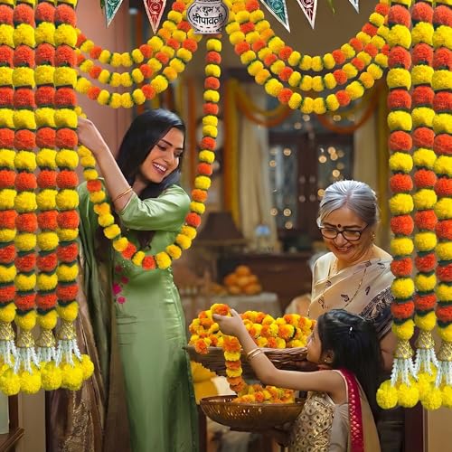 Artificial Marigold Garland 5 Pack - Yellow, Orange, Green Indian Decor