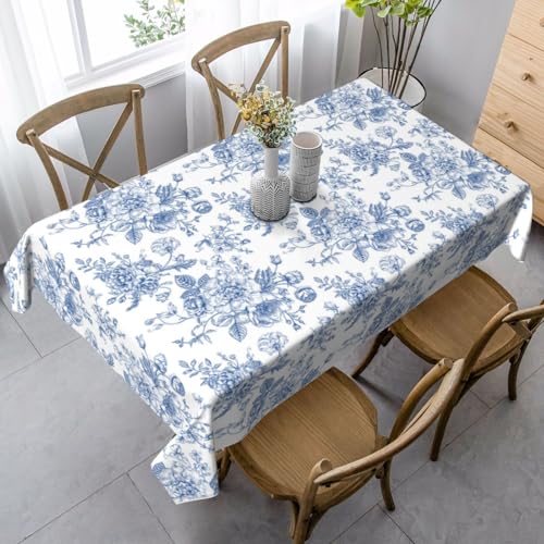 Blue Floral Square Tablecloth 60x104 Inch - Chinoiserie Flower Toile Polyester - Blue & White Decor for Parties and Kitchen