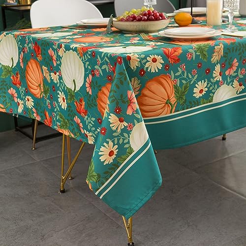 Turquoise Pumpkin Fall Tablecloth - Rectangular Harvest Waterproof 60x120in