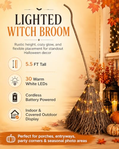 Lighted Halloween Witch Broom Decor - 5.5ft Outdoor Fall & Party Accent