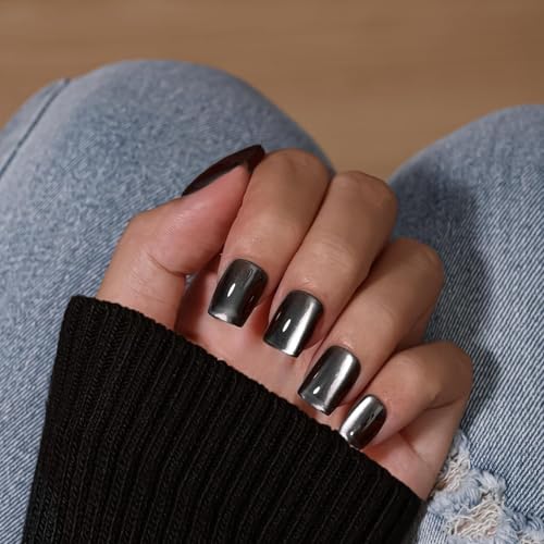 Black Cat Eye Press-On Nails Short Coffin Set - Glass Black Variation, Glitter, Reusable, 30 Pcs