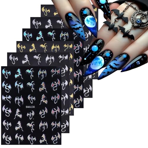 Halloween Nail Art Stickers - Gold Silver Bat 3D Self-Adhesive Decals for Manicure