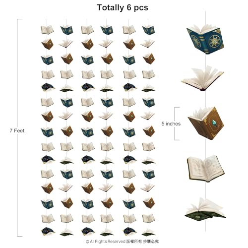 Book Party Decorations Garland - Floating Library Banner, Pack of 6 - Magic Book Variation