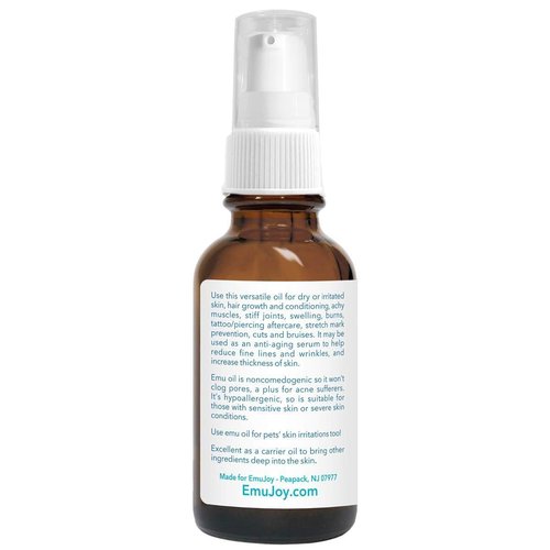 Emu Joy Emu Oil Organic - 100% Pure, Made in the USA - Emu for Skin, Face, Hair, and Nails, Piercing Bump Oil & Tattoo Aftercare (New Packaging, 1 Fl Oz)