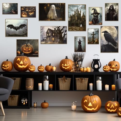 Gothic Halloween Wall Art Set - 12 Retro Spooky Posters for Home Decor