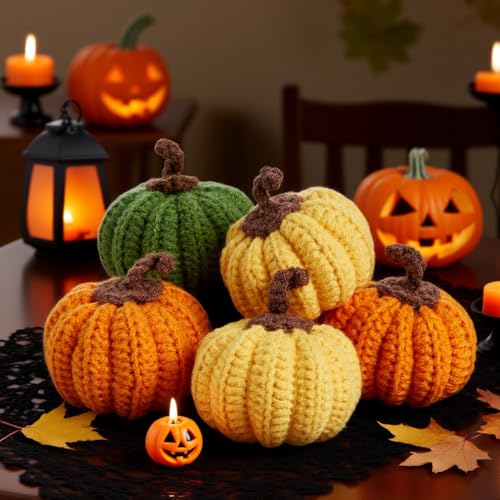 Mini Knit Pumpkins Set of 5 Fall Decor Autumn Bowl Fillers - Yellow, Orange, Green