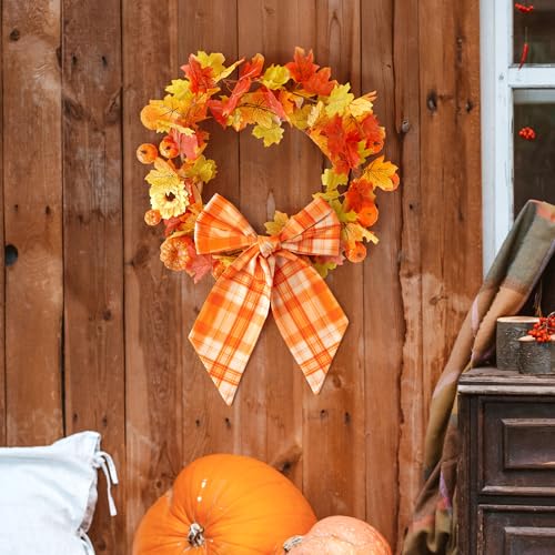 Autumn Plaid Wreath Sash Set - 2 Pcs Fall DIY Bow Decorations for Front Door Thanksgiving Halloween