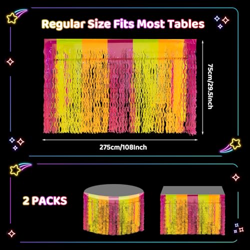 Neon Fluorescent Metallic Tinsel Foil Fringe Table Skirts - 2 Pack, Glow in Dark Party Decor