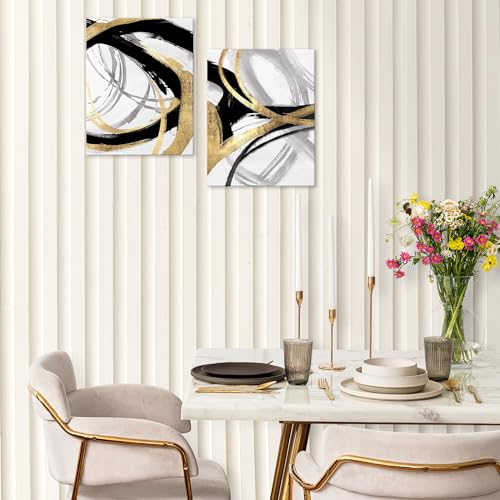 BearCake Black Gold and White Wall Art Set of 2 - 11x14 Inches Framed Abstract Decor - Motifs Black Gold White Variation