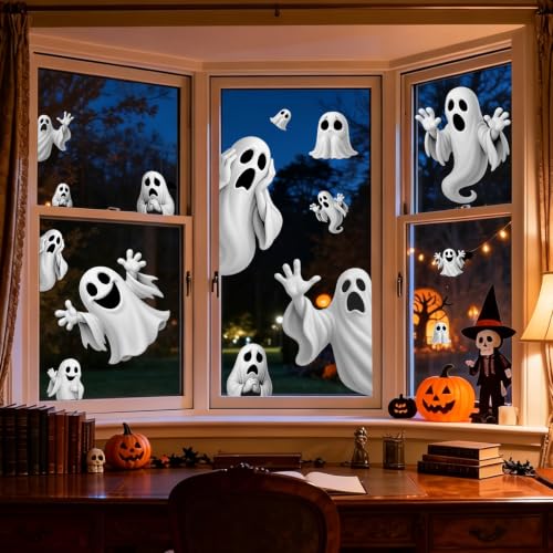 Halloween Window Clings Ghost Stickers - Floating Ghosts Reusable Static Decals for Windows Doors Mirrors - 4 Sheets