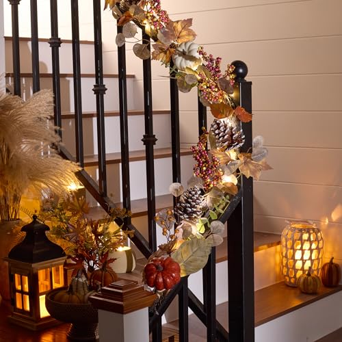 Fall Maple Leaves Garland with Pumpkins and LED Lights - 6ft Autumn Decor