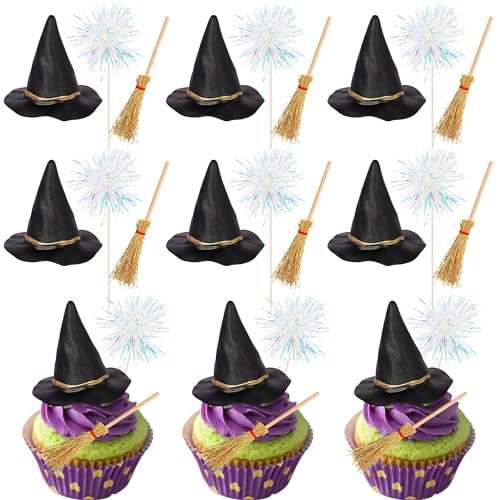 Magic Witch Cupcake Toppers Set with Broom & Hat - Design 6, 15 Pack Halloween Party Decorations