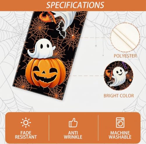 Halloween Table Runner Ghost Pumpkin Spider Web 13x72 Inches - Black & Orange