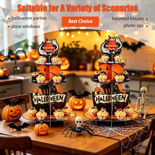Halloween 3-Tier Paper Cupcake Stand - Multicolor Spooky Dessert Display Rack, 17 Inch