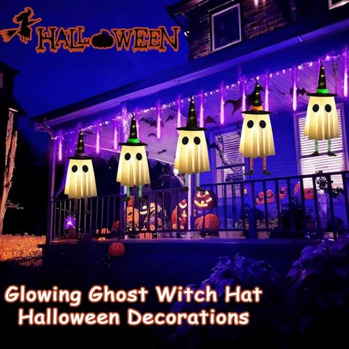 Medium Ghost Halloween Decoration with Witch Hat, Outdoor Ghost Lights