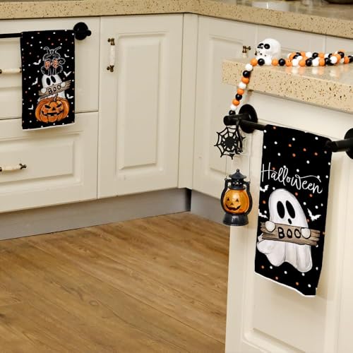 Halloween Kitchen Towels Set of 2 Ghost Cat Pumpkin Decor Microfiber Dish Towels
