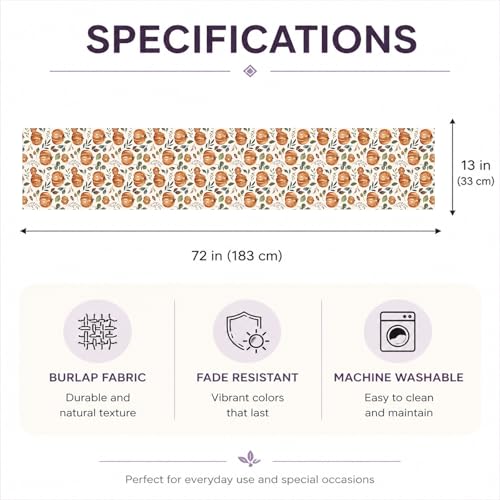 Pumpkin Table Runner with Roses Leaves Fall Seasonal Autumn Kitchen Decor 13x72 Inch