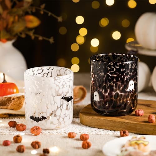 Halloween Glass Cup Set - 2 Pcs Ghost and Bat Icon Drinkware - Funnymoom