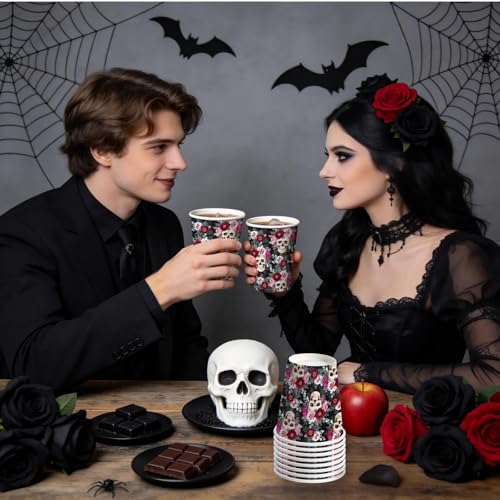 Halloween Paper Cups 9oz Blooming Floral Skull Design - 50 Pack Disposable Drinkware