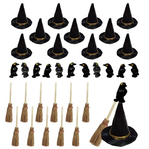 Mini Witch Hat & Broom Set with Resin Crows for Halloween Decor, Dollhouse & Crafts