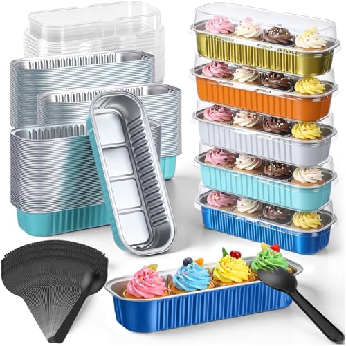 Mini Loaf Pans with Lids & Spoons - 6.8oz Blue & Orange Baking Tins Set