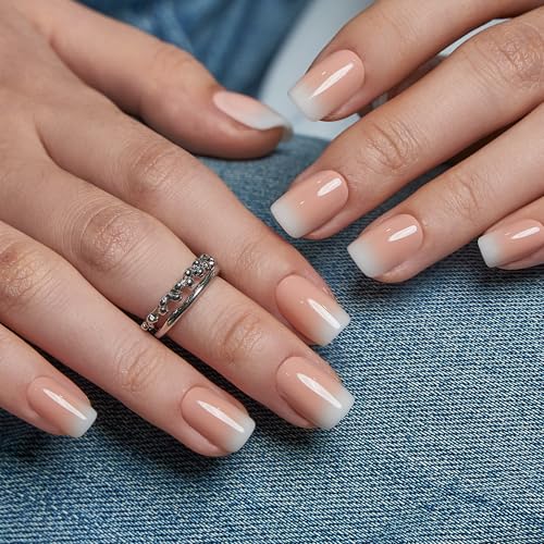 Square Gradient White Ombre Press On Nails - Short Soft Gel Fake Tips - CurvLife