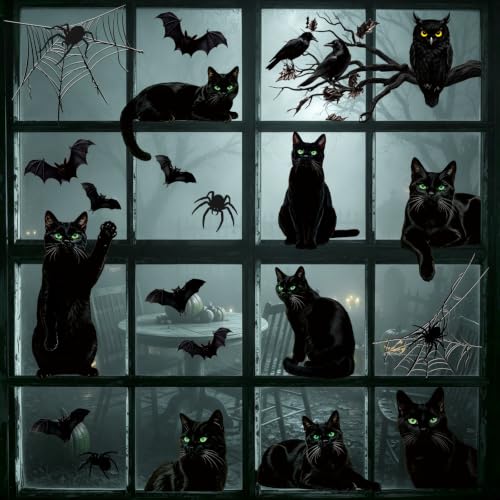 Large Black Halloween Window Clings - 9 Sheets Bat Cats Spiderweb Decor for Glass Windows & Doors
