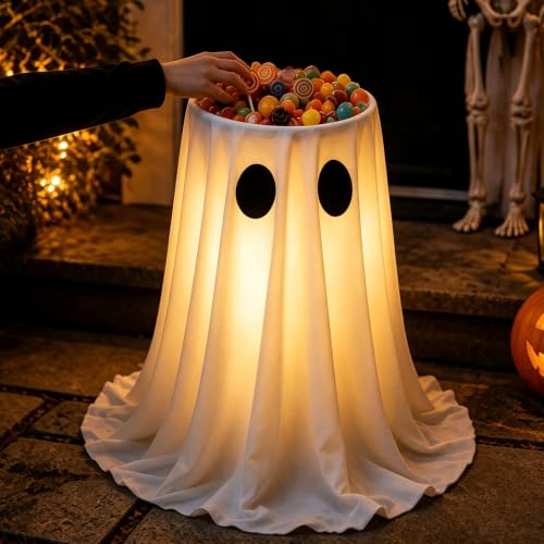 30-Inch Glowing Ghost Candy Bowl Stand Halloween Outdoor Decorations - LED Ghost with Remote