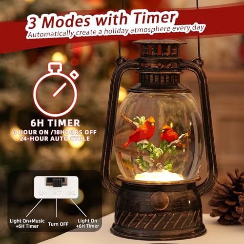 Lighted Musical Cardinal Snow Globe Christmas Decorations - Indoor Lantern with Glitter & 6H Timer - Cardinal Variation