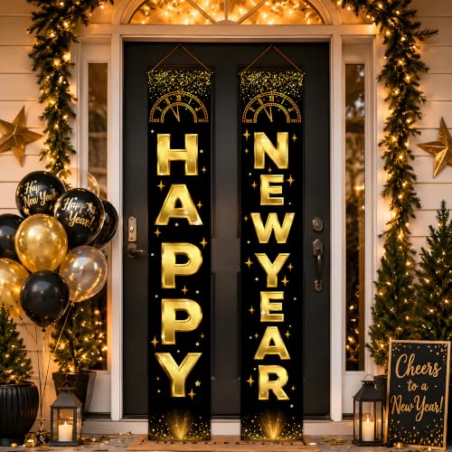 Black Gold New Year Porch Banner - Happy New Year Decorations 2027