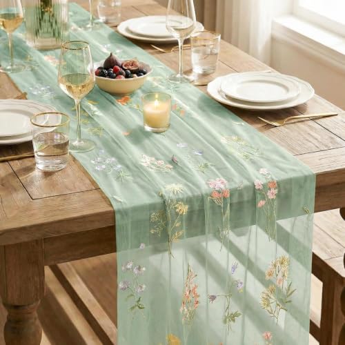6PC Sage Green Floral Embroidery Table Runner Set - 28x120 Inches