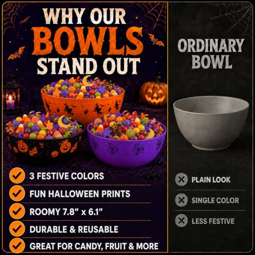 Halloween Candy Bowls Set - Ghost Pumpkin Spider Web Trick or Treat Decor - Black, Orange, Purple