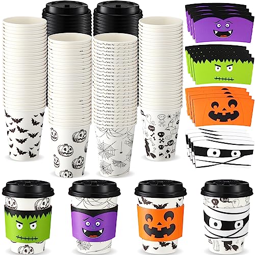 Umigy 100 Pack Bat Style Halloween Disposable Coffee Cups 12 oz with Lids & Sleeves
