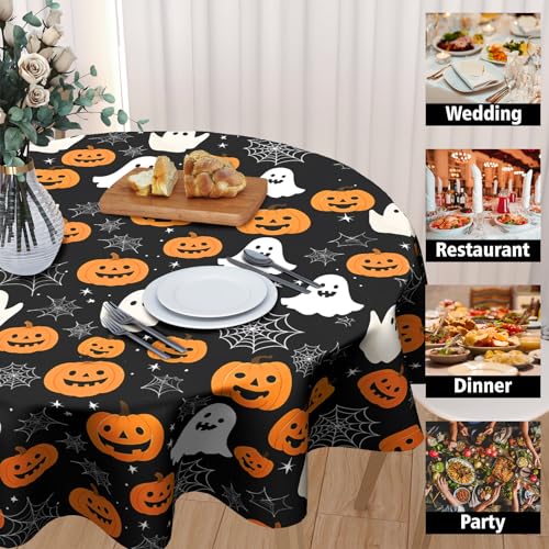 Halloween Round Tablecloth 60 Inch Pumpkin Ghost Spider Web Design - Black Orange