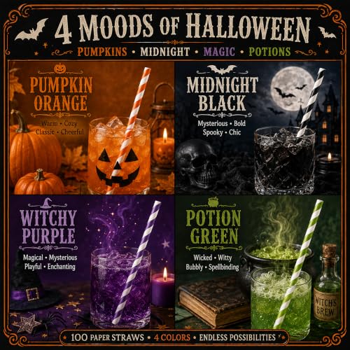 Halloween Paper Straws Pack - 100 Striped Party Drink Stirrers for Fall Events - Orange, Purple, Black & Green