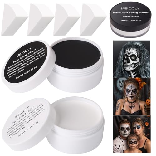Halloween Face Paint Kit with Black and White Face Paint, Setting Powder & Sponge - Unisex SFX Makeup