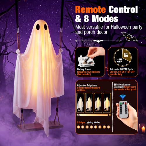 Large 6FT White Swinging Ghost Halloween Yard Decor with 8 Light Modes & Timer
