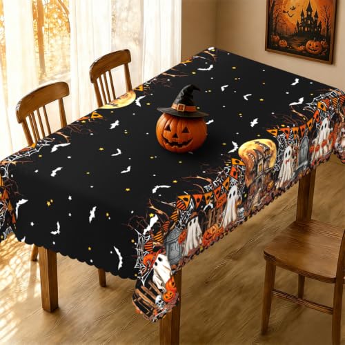 Halloween Rectangular Tablecloth 60x84 Inch Ghost Bat Pumpkin Castle - Durable Waterproof Decor