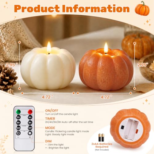 Flameless Pumpkin Candles Set - White and Orange Fall Decor, 2 Pack