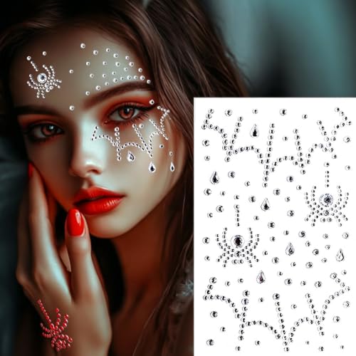 3PCS Halloween Face Gems Set - Spider Web Rhinestones for Women with Red, White, Black Variations