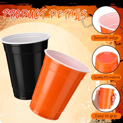 Halloween Plastic Drinking Cups 12oz Pack of 100 - Orange & Black Party Cups