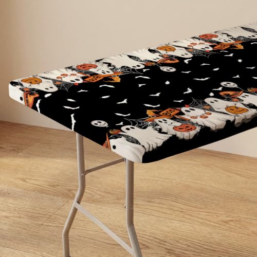 Halloween Fitted Tablecloth for 5ft Rectangle - Ghost Bat Black, 68x28 Inches